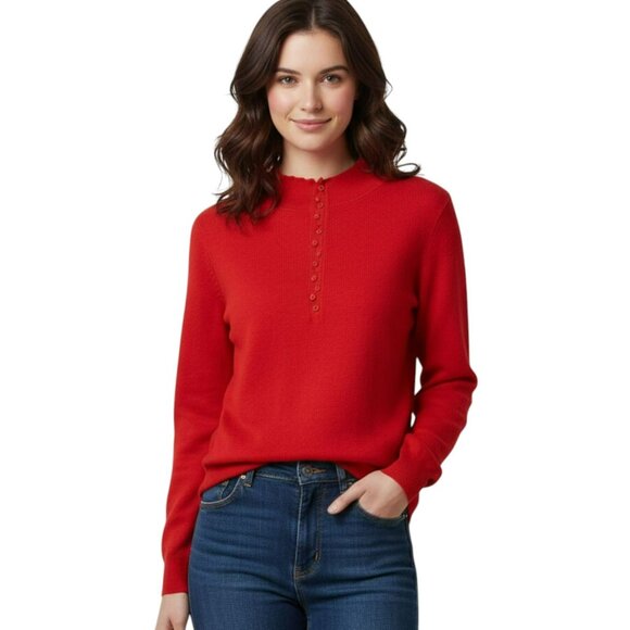 Red Merino Wool Henley Sweater M – Soft Rib Knit Button Front Winter Classic - Picture 2 of 16
